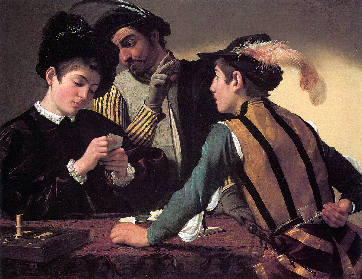 L'immagine rappresenta il dipinto "I bari" di Caravaggio