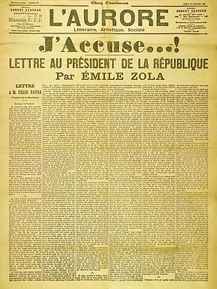 L'immagine rappresenta la prima pagina del quotidiano L'Aurore con la lettera J'accuse di Emile Zola