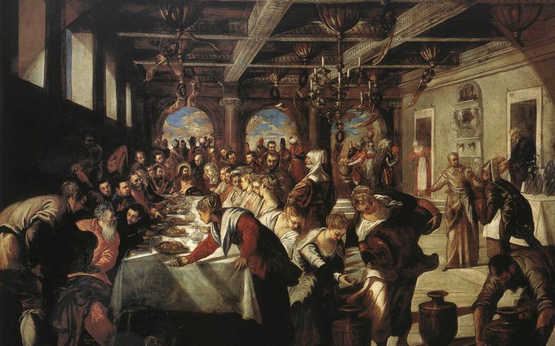 L'immagine raffigura le Nozze di Cana di Tintoretto