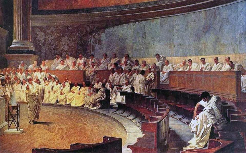 L'immagine rappresenta Cicerone denuncia Catilina, Cesare Maccari