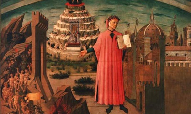 L'immagine raffigura Dante Alighieri che legge la Divina Commedia