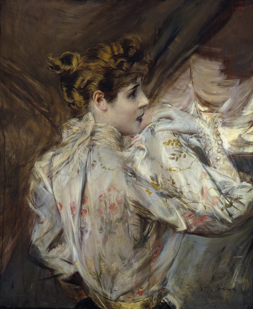 L'immagine raffigura il dipinto di Giovanni Boldini Giovane donna di profilo Eleonora Duse