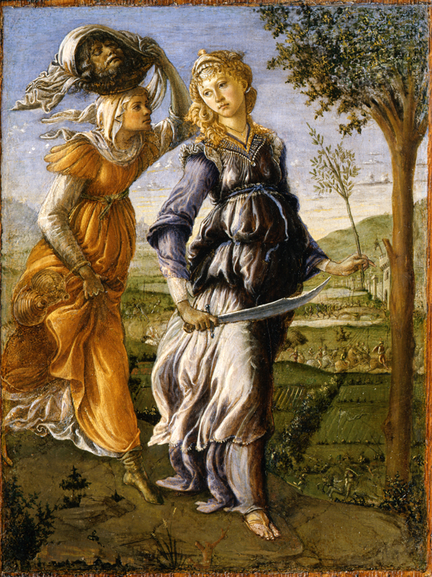 L'immagina raffigurala il dipinto Giuditta con la testa di Oloferne di Botticelli, Galleria degli Uffizi, Firenze