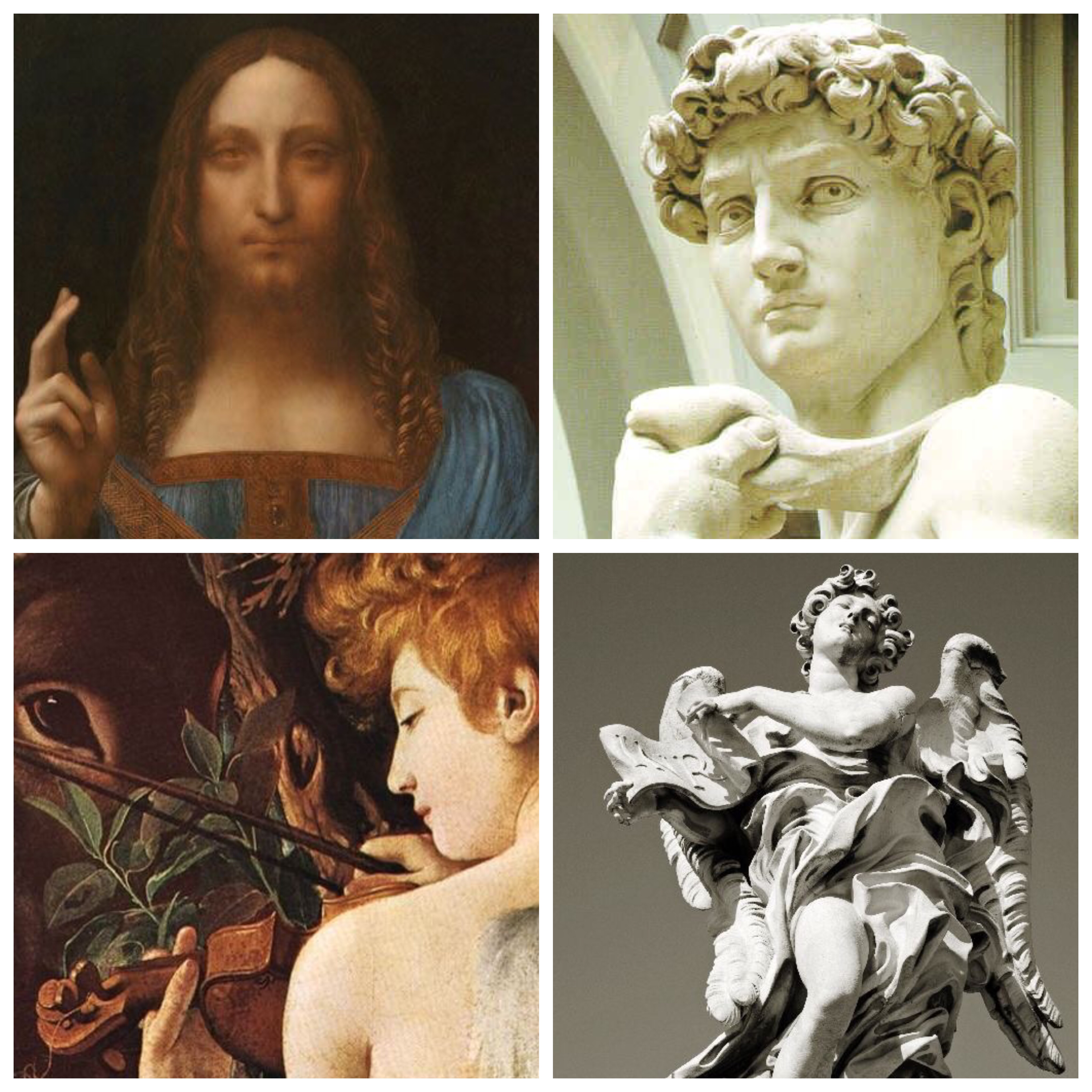 L'immagina raffigura il Salvador Mundi - Leonardo, David - Michelangelo, Fuga in Egitto (dettaglio) Caravaggio, Angelo - Bernini