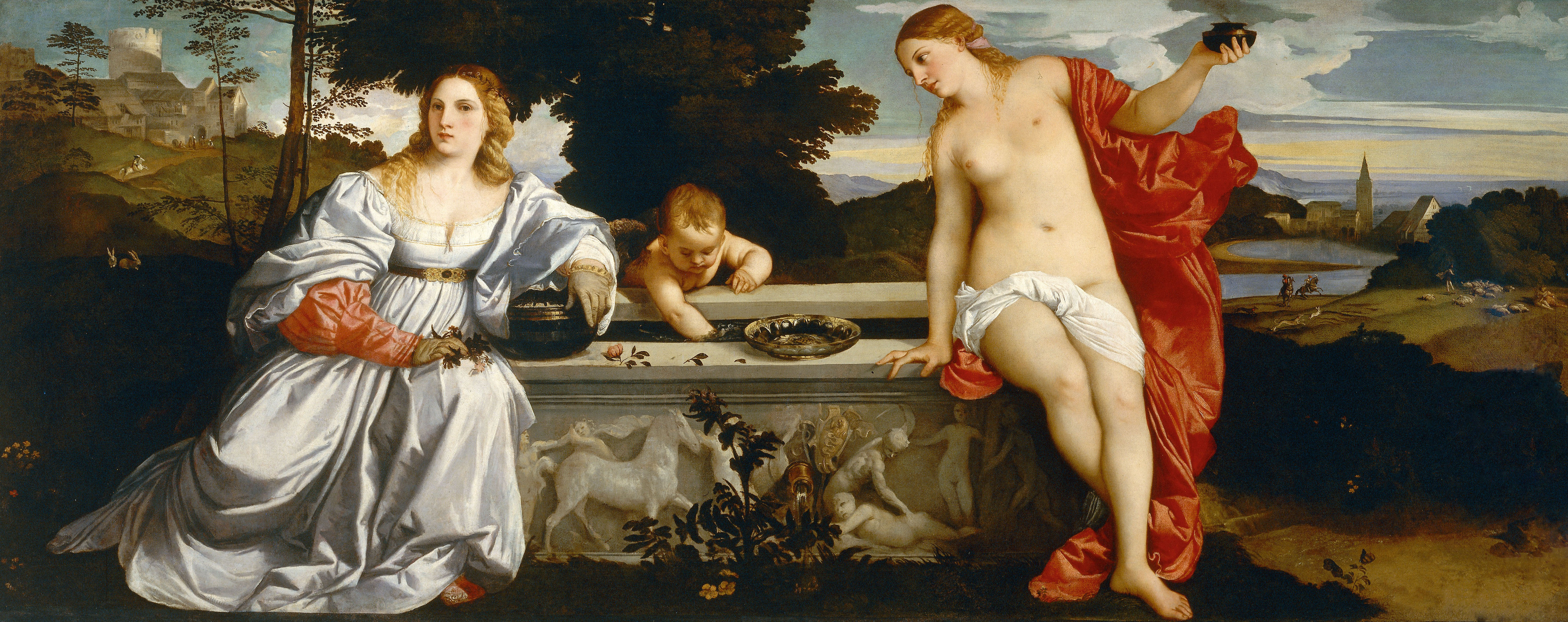 L'immagine raffigura il dipinto Amor Sacro e Amor Profano, Tiziano, Galleria Borghese, Roma