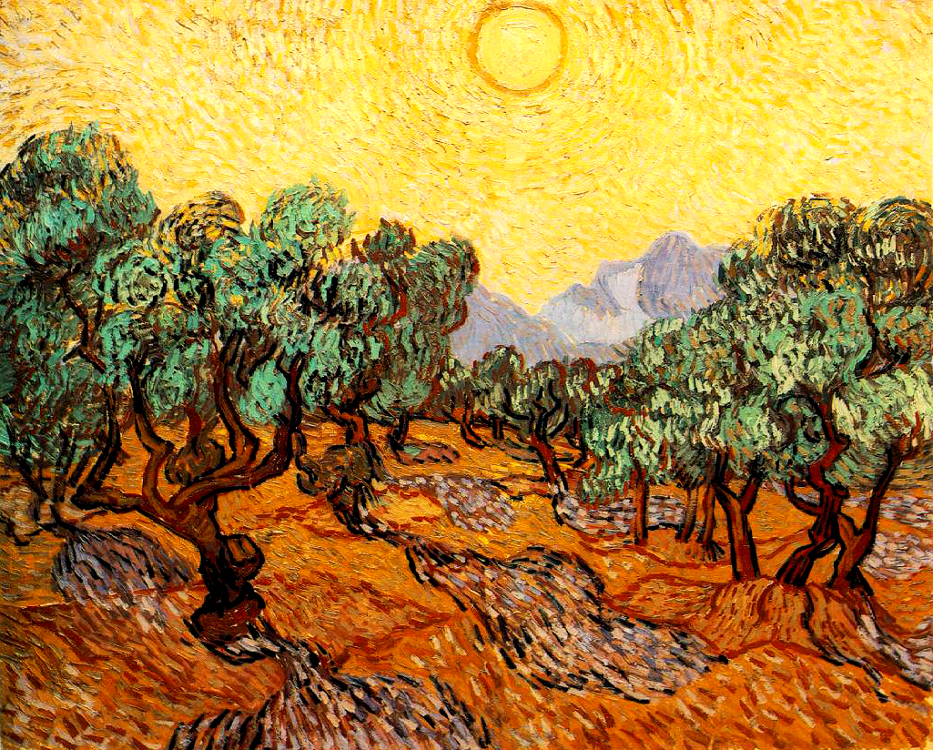 L'immagine raffigura il dipinto "Gli ulivi con cielo giallo e sole" di van Gogh