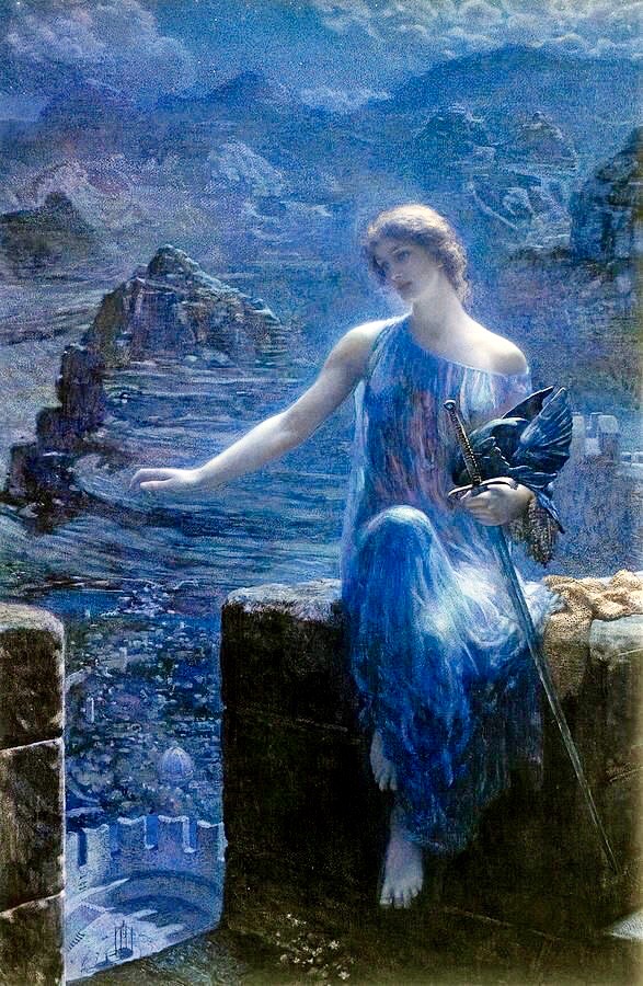 L'immagine rappresenta l'opera Valchiria di Edward Robert Hughes