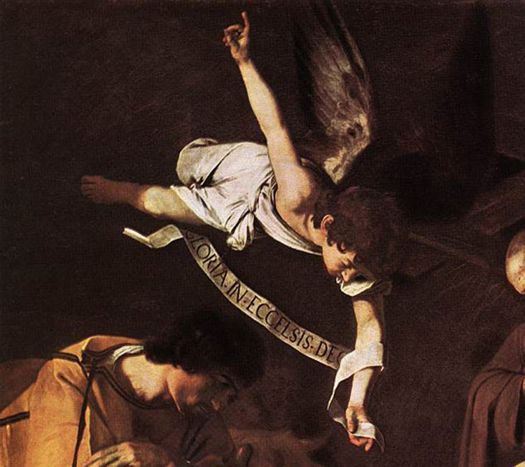 L'immagine raffigura un Particolare della Natività con i Santi Francesco e Lorenzo, Caravaggio