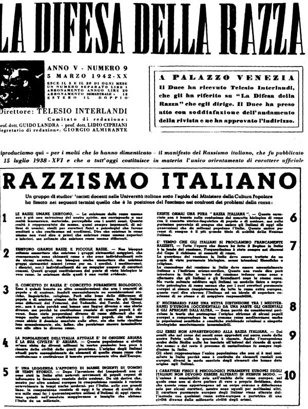 Fotografia del manifesto del razzismo italiano