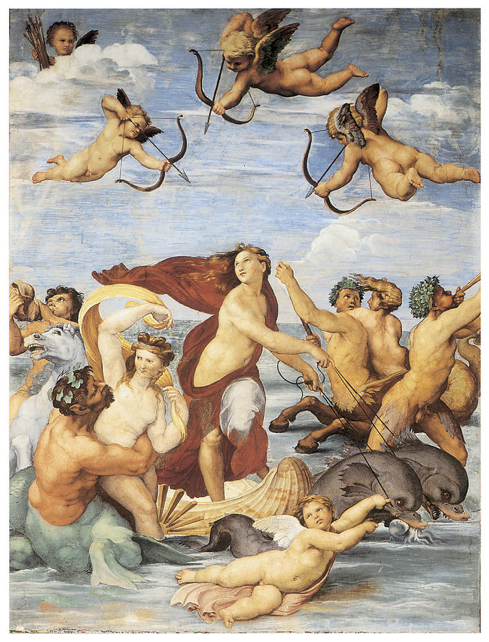 L'immagine rappresenta il Trionfo di Galatea - Raffaello, Villa Farnesina, Roma